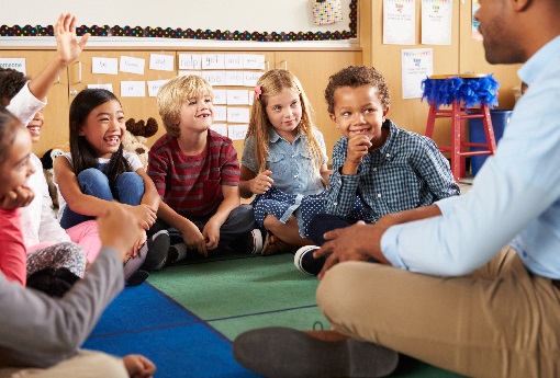 Elementary school kids and teacher sit cross legged on floor Group of children sitting on floor with teacher