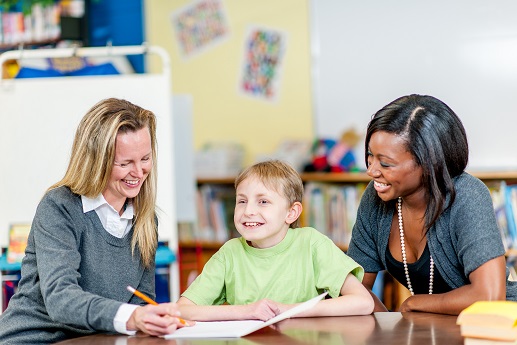 young student meeting with two caring adults
