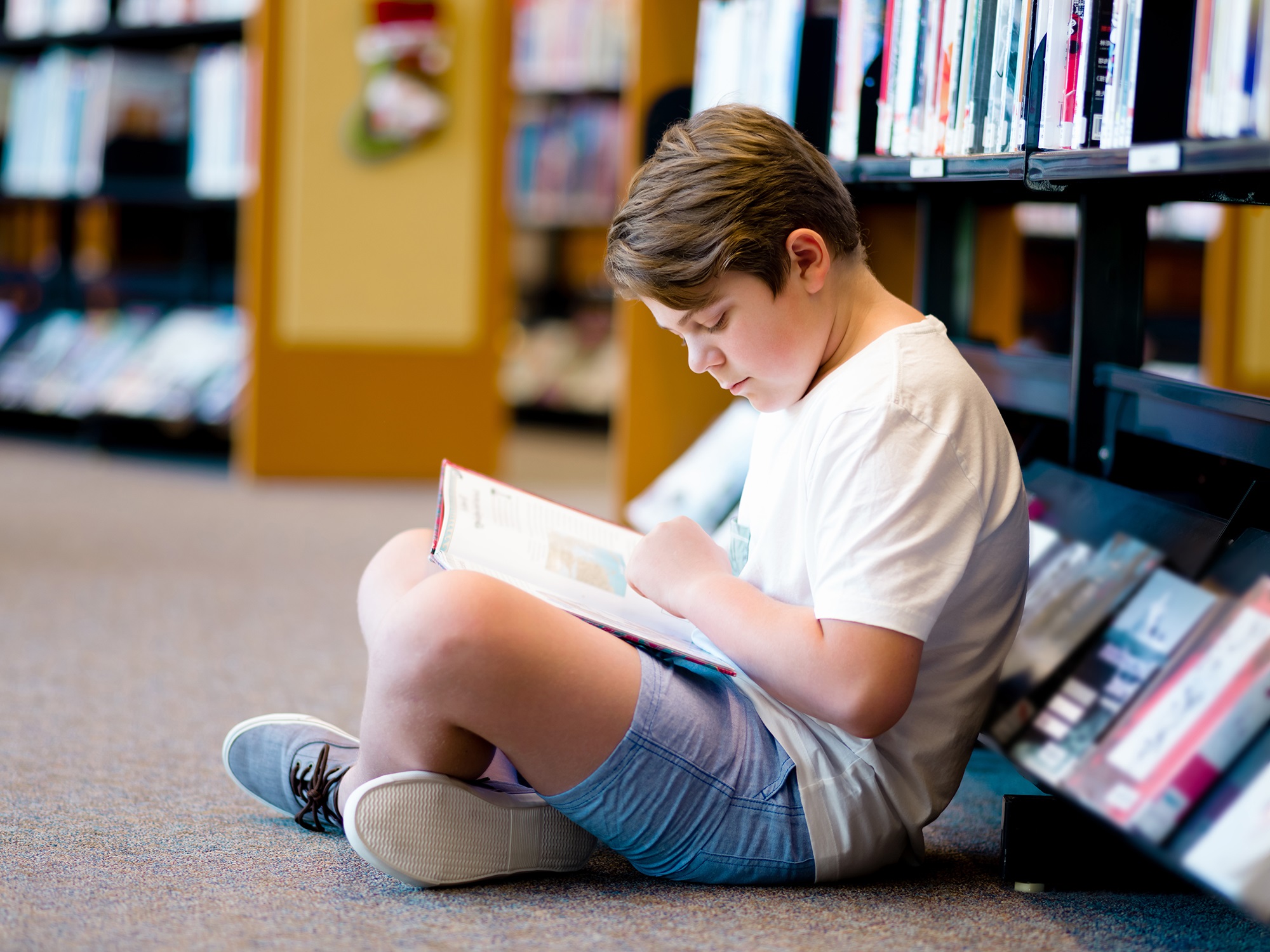 Student reading in library