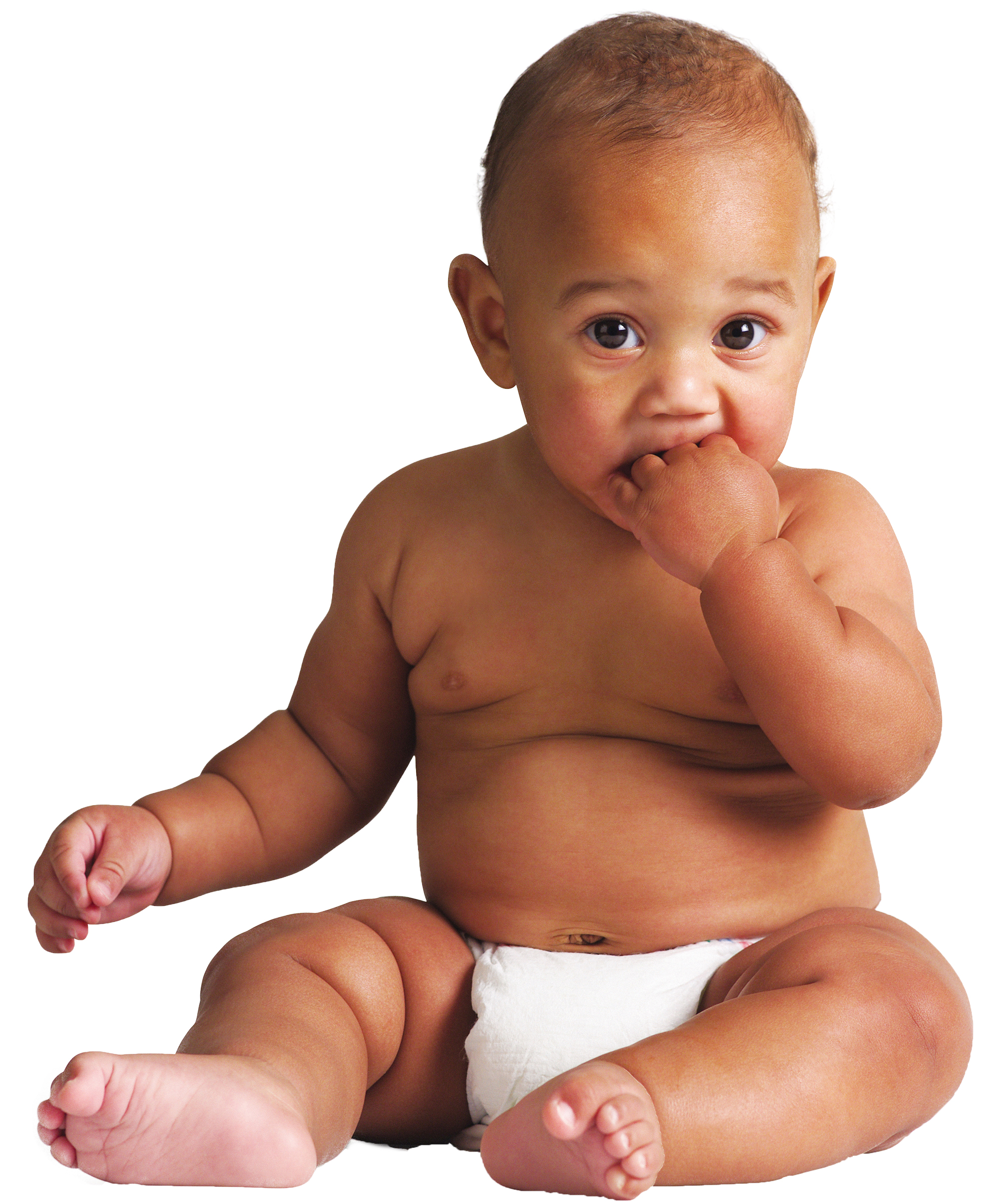 Baby, wearing a diaper, sitting with their hand in their mouth