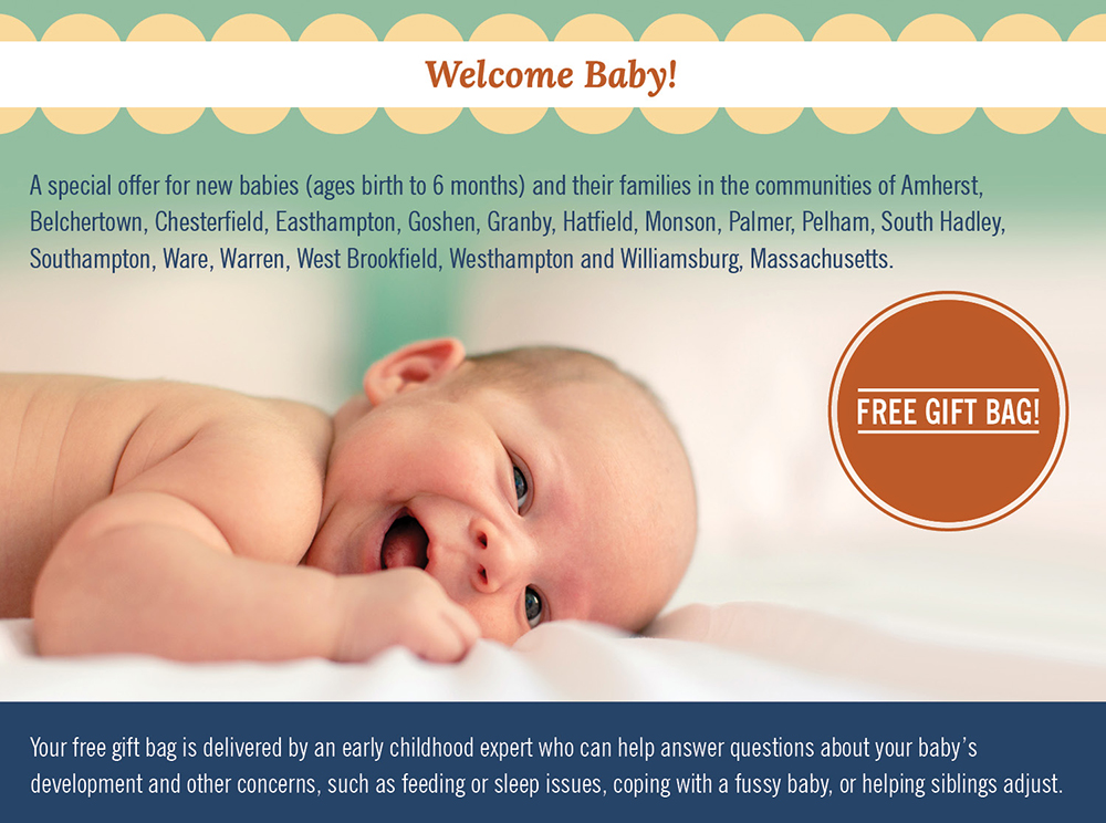 Young baby on a white blanket with a mint green background. Above the baby in orange letters it says "Welcome Baby!"