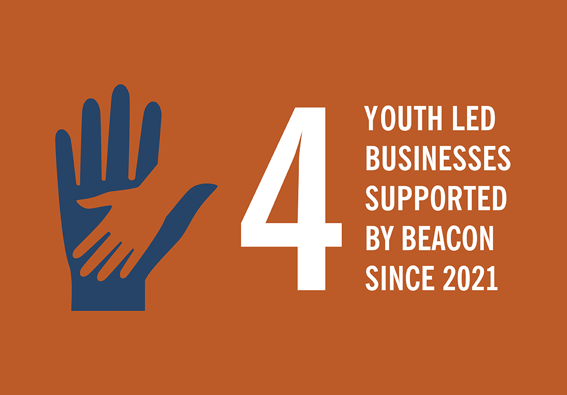 Beacon Website Stats3 graphic image of a small hand on top of a larger hand with text "4 youth led businesses supported by Beacon since 2021"
