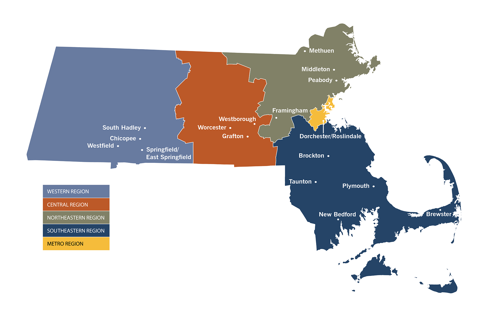 map of Massachusetts delineating the regions served by the DYS program
