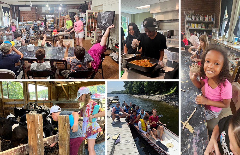 A collection of photos of students in an after school program. Photos include students in a artist studio, cooking, showing their art project, rowing and visiting a farm. 