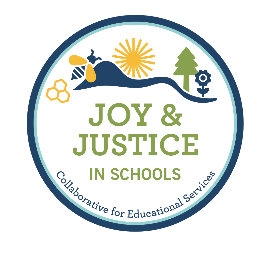 Joy and Justice in Schools logo graphic image of landscape with bee, sun and tree