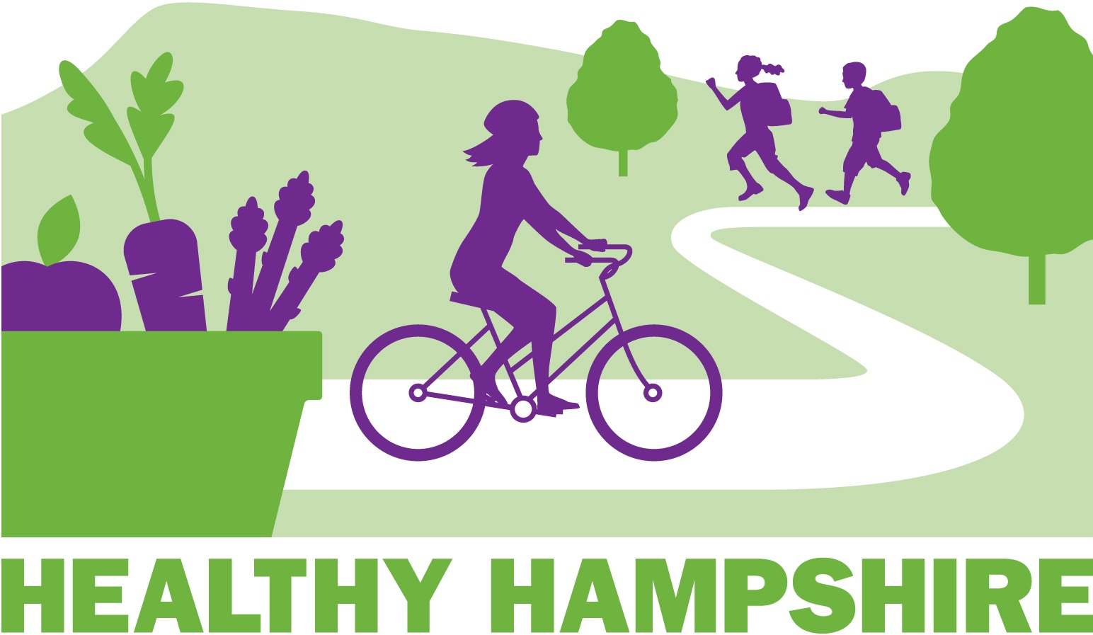 Image of a green and purple landscape with people running, biking, and walking.